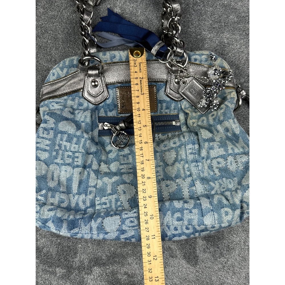 Vintage Coach Poppy Denim Logo Print Satchel Metallic Silver Trim Blue Bag Y2K - Picture 9 of 10
